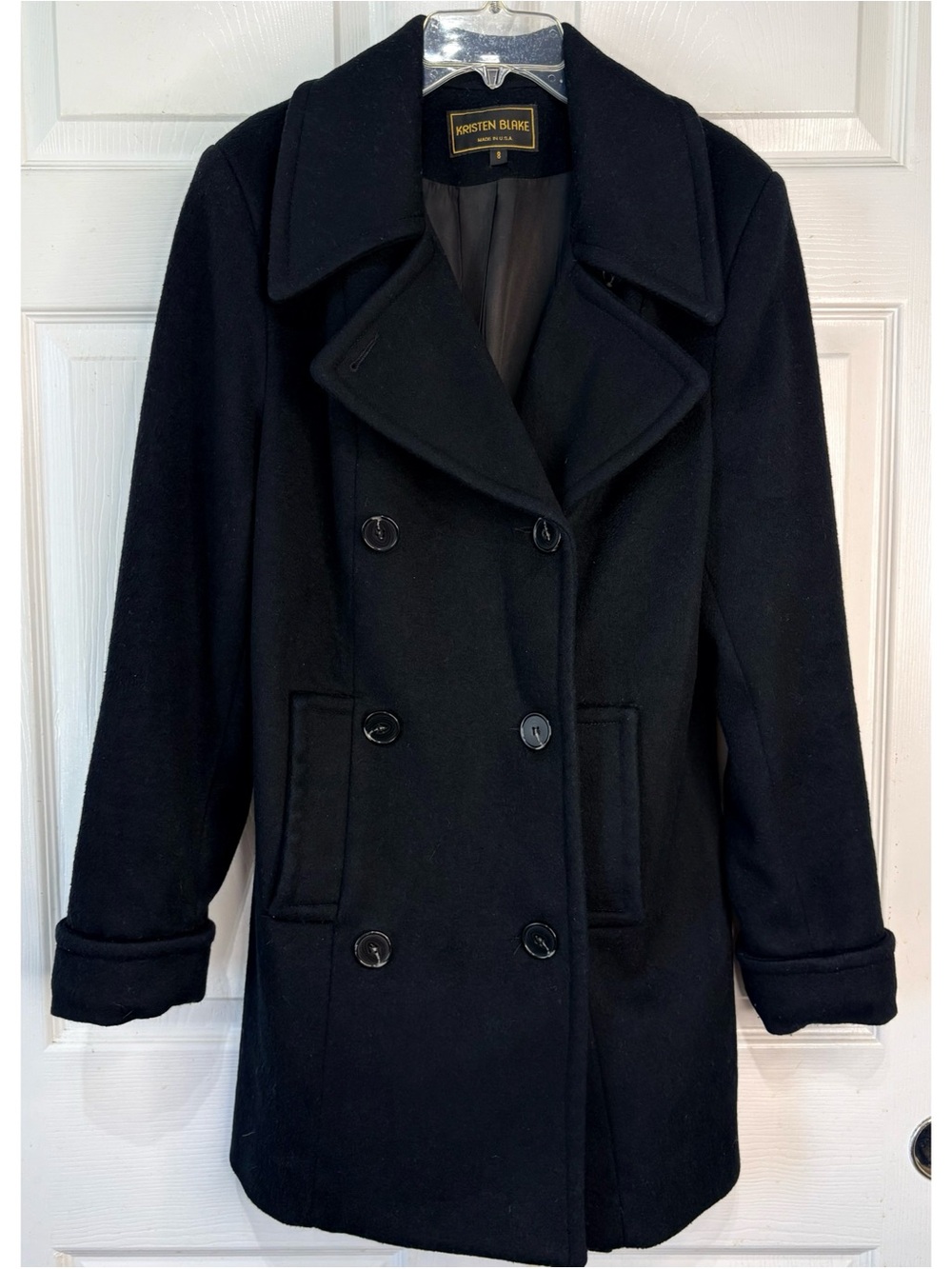 Vintage KRISTEN BLAKE Double Breasted Black Wool Pea Coat size 8